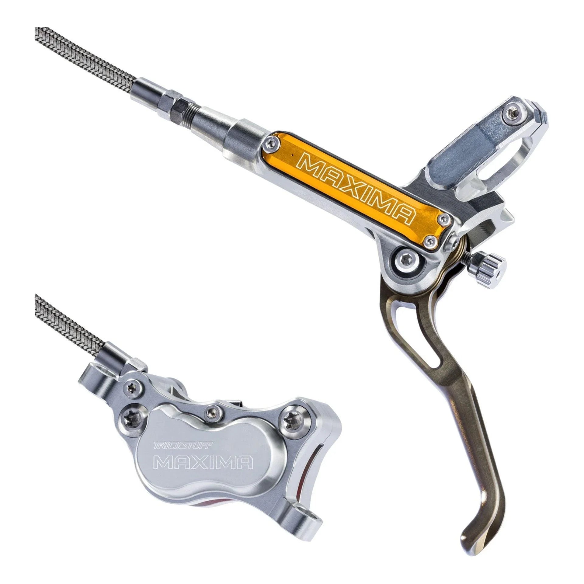 Trickstuff Maxima Brakeset Silver - Raw Hose Cycling Parts - Brake - Disc Brake Trickstuff