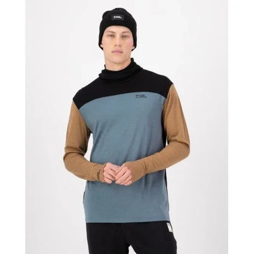 Mons Royale M Yotei Merino Powder Hood Long Sleeve Winter Apparel - Winter Apparel Mens Base Layer Top Mons Royale Small Goblin Blue / Toffee / Black