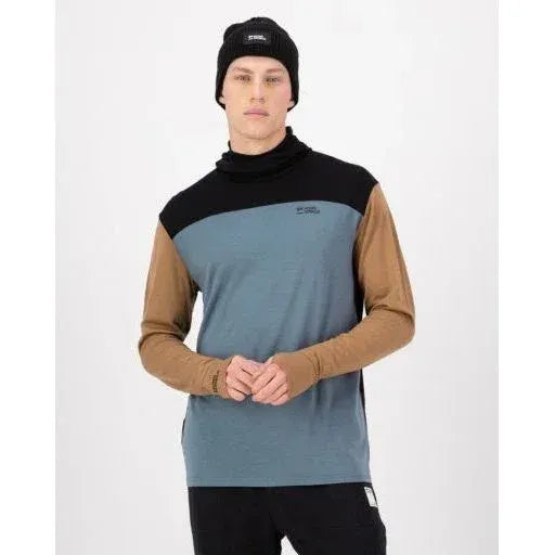 Mons Royale M Yotei Merino Powder Hood Long Sleeve Winter Apparel - Winter Apparel Mens Base Layer Top Mons Royale Small Goblin Blue / Toffee / Black