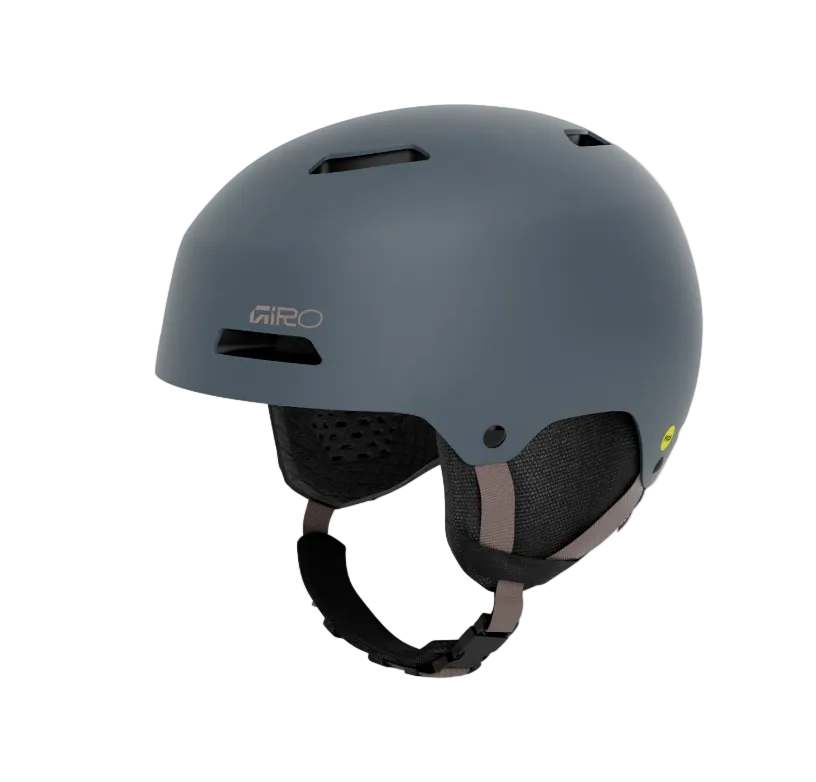 A matte dark gray Giro ski helmet with black ventilation slots, black interior padding, and a black chin strap, shown on a light gray background.