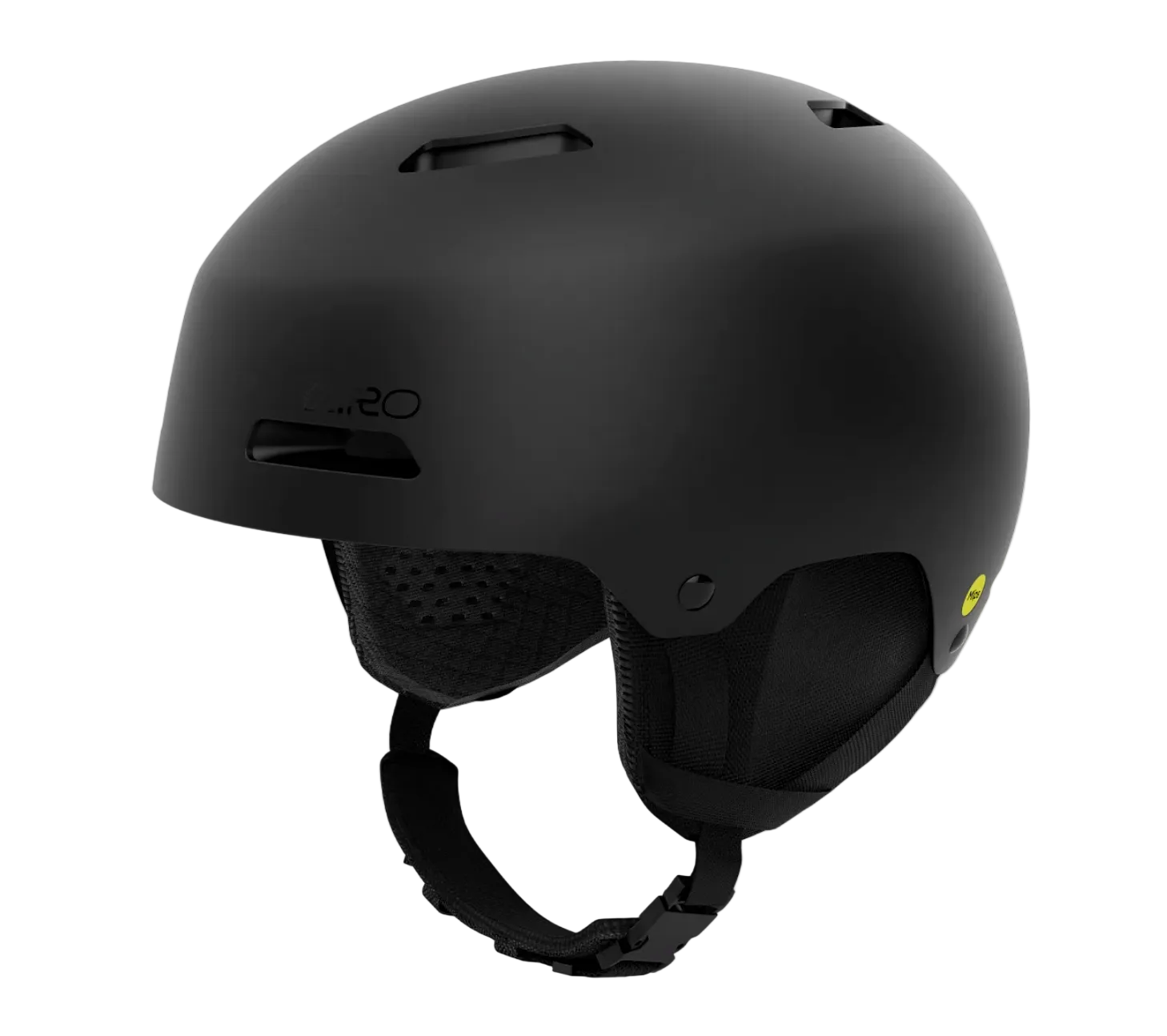 A matte black ski helmet with a small yellow logo on the side, shown from a three-quarters angle against a light gray background.
