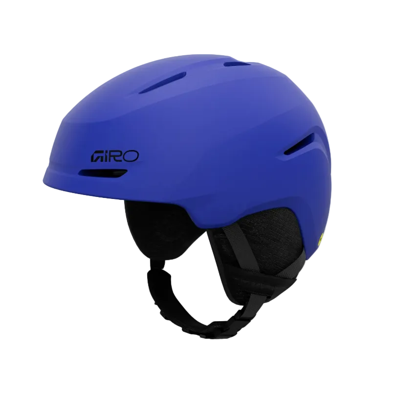 A matte blue Giro ski helmet with black interior padding and straps, shown from a three-quarters angle on a light gray background.