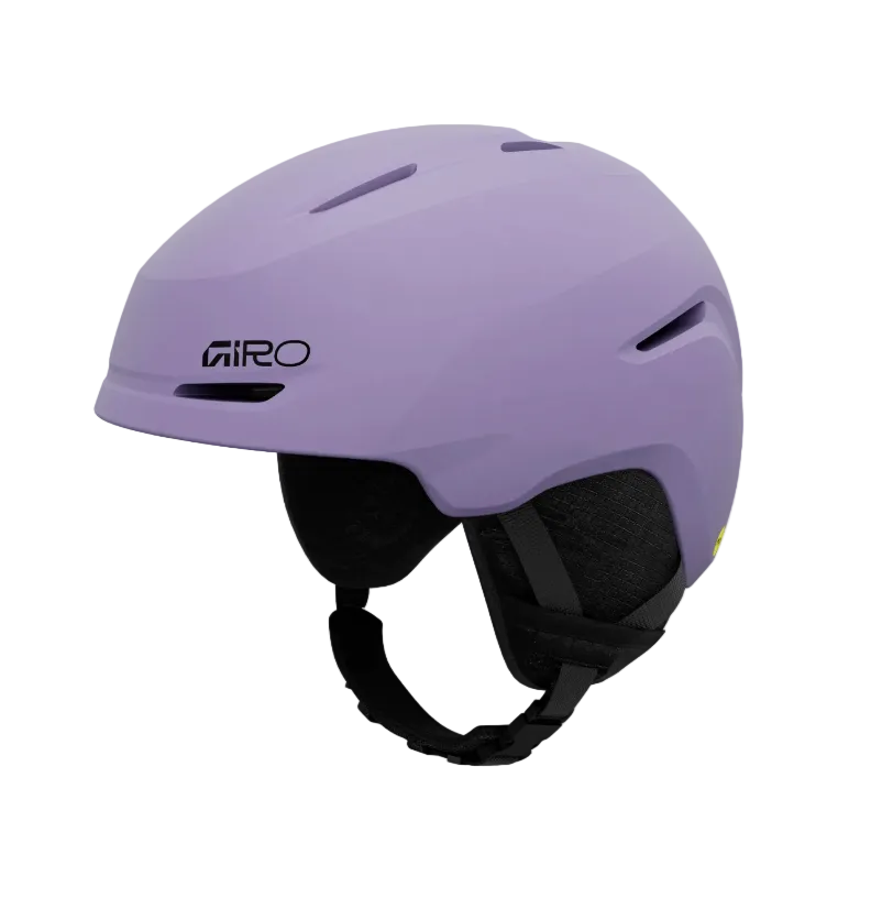 A matte lavender-purple Giro ski helmet with black interior padding and straps, shown from a three-quarters angle on a white background.
